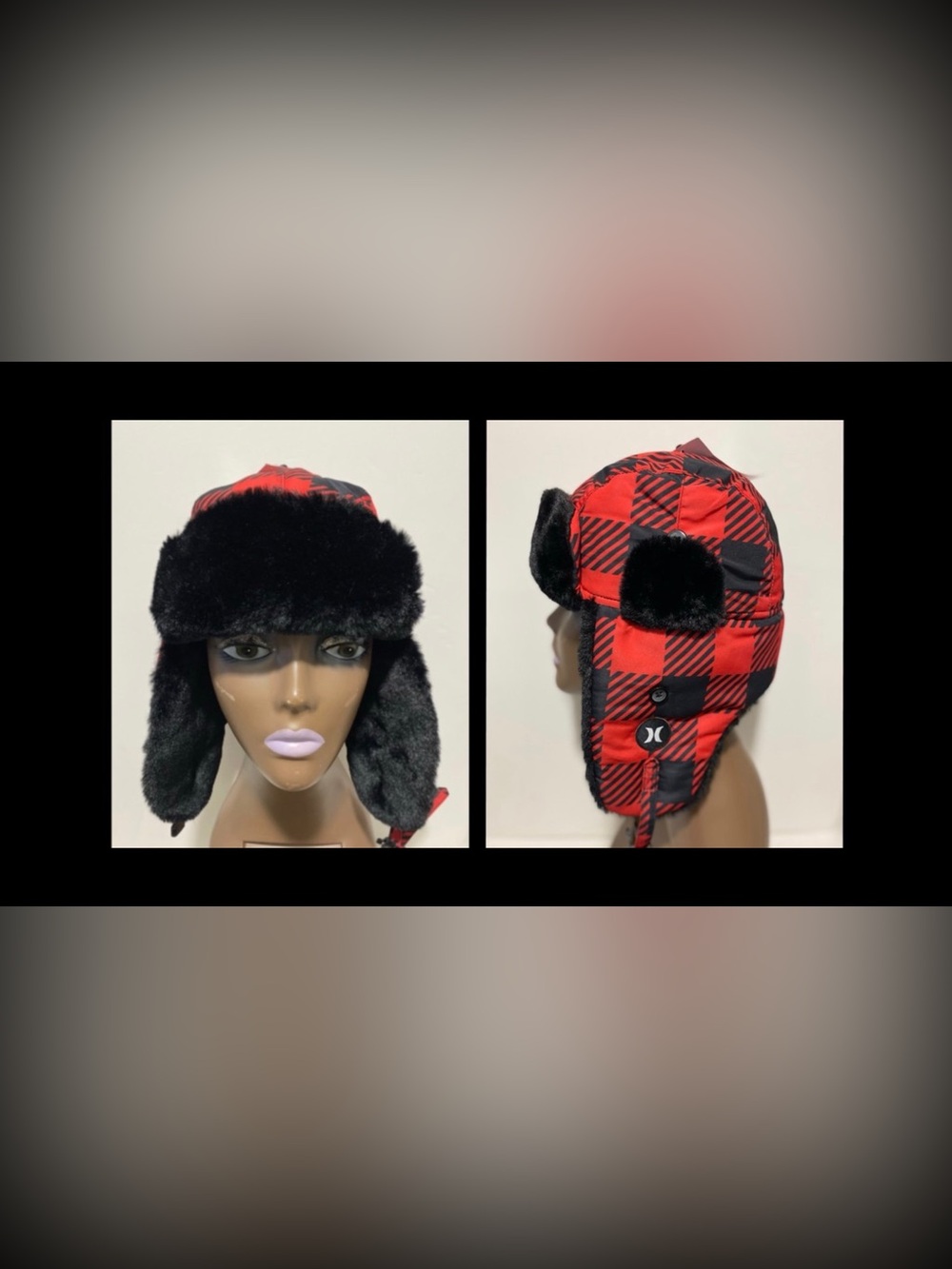 HURLEY CHECKED BLACK RED FAUX FUR LINED TRAPPER HAT Menβs Sz S/M New!!